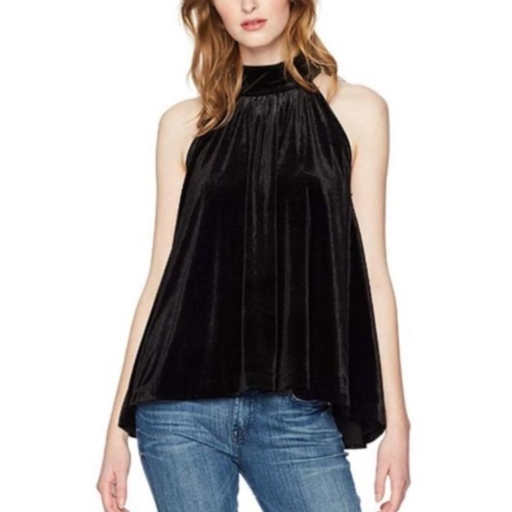 French Connection Velvet Aurore High Neck Sleeveless Swing Top Black S